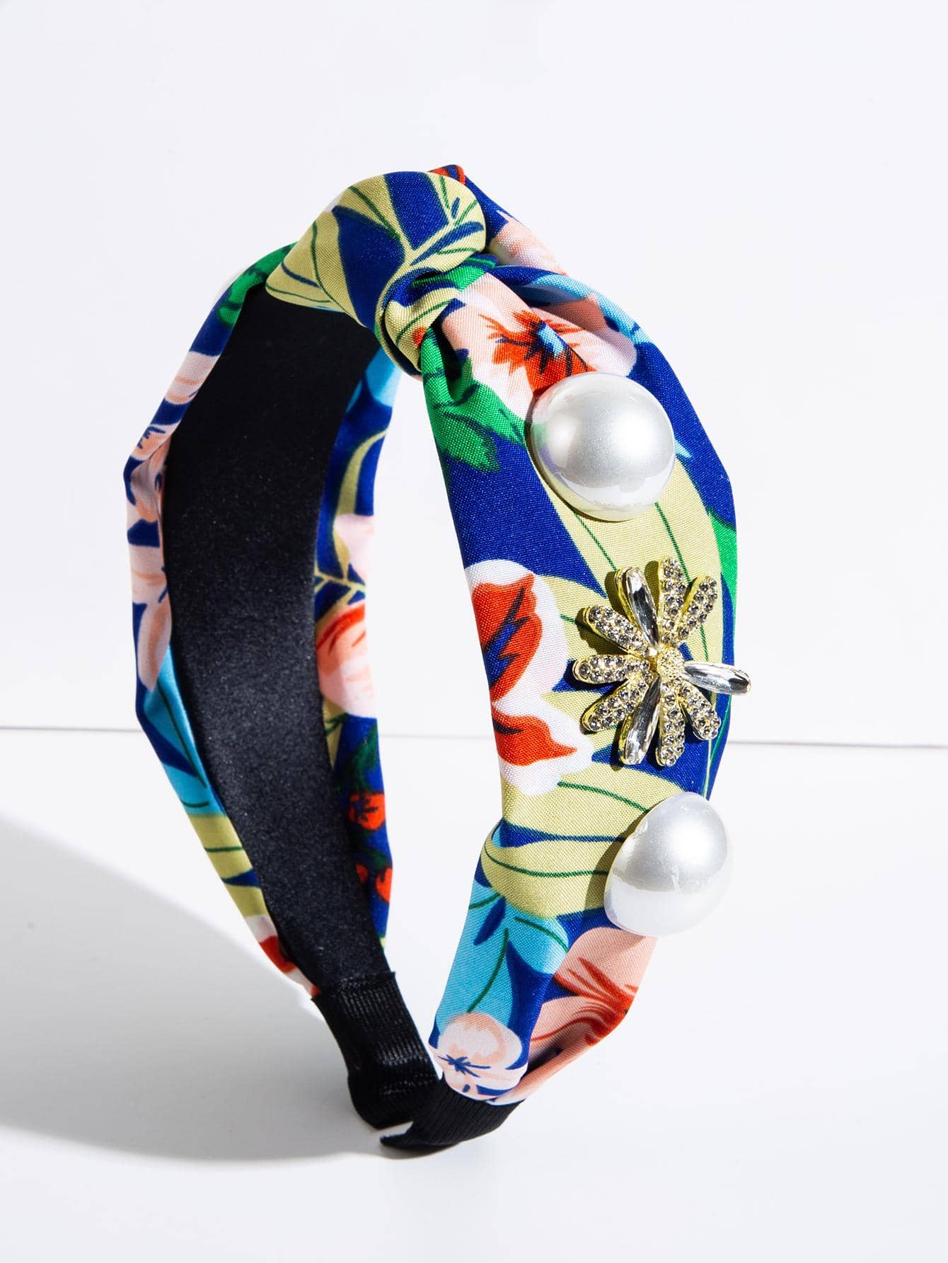 1入組女士印花人造珍珠裝飾打結設計時尚頭帶適用於裝飾用品 - 藍色 - 查看 1