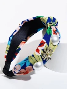 1入組女士印花人造珍珠裝飾打結設計時尚頭帶適用於裝飾用品 - 藍色 - 查看 2