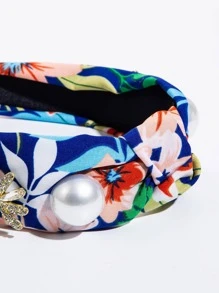 1入組女士印花人造珍珠裝飾打結設計時尚頭帶適用於裝飾用品 - 藍色 - 查看 3