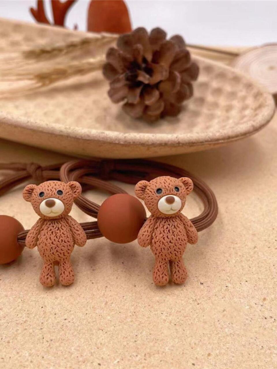 2pcs Women Bear Decor Cute Hair Tie, For Daily Decoration Ponytail Holders Hair Elastics Hair Rubber Bands Scrunchies Hair Rope Elastic Hair Tie Hair Accessories Head Accessories Gym Sport Running Outfit,Travel,Birthday