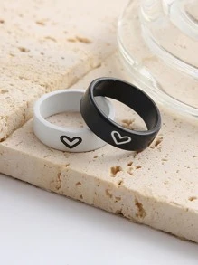 2 szt./zestaw Modny wzór serca ze stopu cynku Pierścień dekoracyjny dla pary na prezent walentynkowy Walentynki, mama, matka, dzień matki, prezent - Czarne i Białe - Zobacz 5
