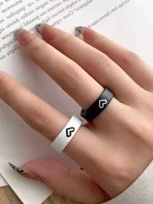 2 szt./zestaw Modny wzór serca ze stopu cynku Pierścień dekoracyjny dla pary na prezent walentynkowy Walentynki, mama, matka, dzień matki, prezent - Czarne i Białe - Zobacz 1