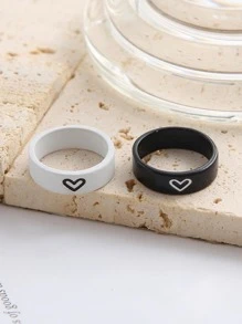 2 szt./zestaw Modny wzór serca ze stopu cynku Pierścień dekoracyjny dla pary na prezent walentynkowy Walentynki, mama, matka, dzień matki, prezent - Czarne i Białe - Zobacz 2
