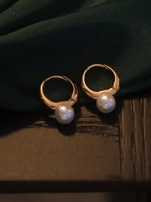 Faux Pearl Decor Hoop Earrings - Yellow Gold - View 3