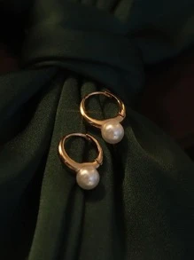 Faux Pearl Decor Hoop Earrings - Yellow Gold - View 2