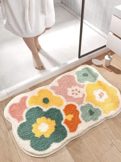 1pc Flocked Tricolor Floral Cute Cartoon Anti-Slip Absorbent Soft Comfortable Bathroom Mat, Thickened & Flocked Entryway Decor Bathroom Kitchen Decor