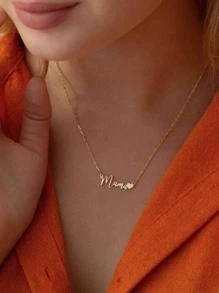 1入組時尚鋅合金心和字母墜飾項鍊適合女士適用於母親節禮品 - 金色 - 查看 1