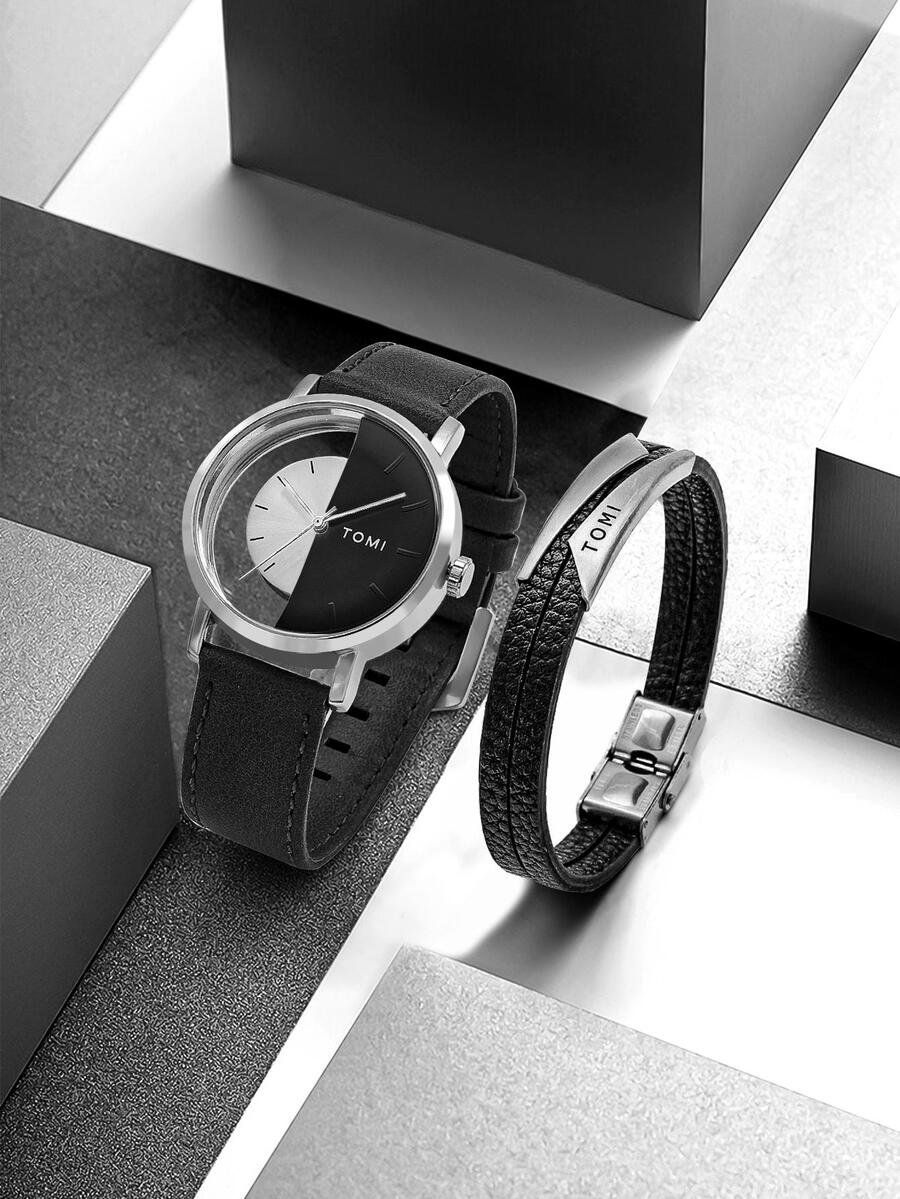 2pcs TOMI Dry Battery Powered Fashionable Minimalist Black Technology Personalized Hollow See-Through Bottom Half Leather Strap Watch Bracelet, Suitable For Daily Life, Holidays, Christmas, Year-End