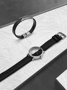 2pcs TOMI Dry Battery Powered Fashionable Minimalist Black Technology Personalized Hollow See-Through Bottom Half Leather Strap Watch Bracelet, Suitable For Daily Life, Holidays, Christmas, Year-End