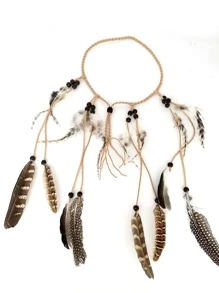 釘珠和羽毛裝飾編織裝飾髮帶 - 卡其色 - 查看 2