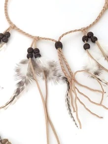 釘珠和羽毛裝飾編織裝飾髮帶 - 卡其色 - 查看 3