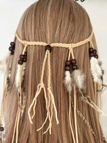 釘珠和羽毛裝飾編織裝飾髮帶 - 卡其色 - 查看 1