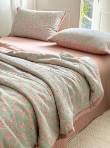 1pc Flower Pattern Bedspread, Fabric Quilt For Bedroom - Multicolor - View 1