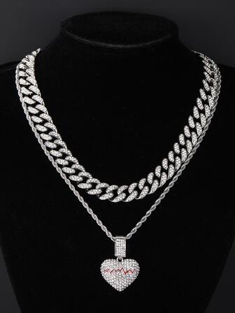 2入組華麗鑲嵌愛心搭扣項鍊，邁阿密風格心臟裂縫首飾，不銹鋼鏈條禮物，男女兼用