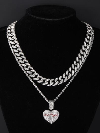2入組華麗鑲嵌愛心搭扣項鍊，邁阿密風格心臟裂縫首飾，不銹鋼鏈條禮物，男女兼用