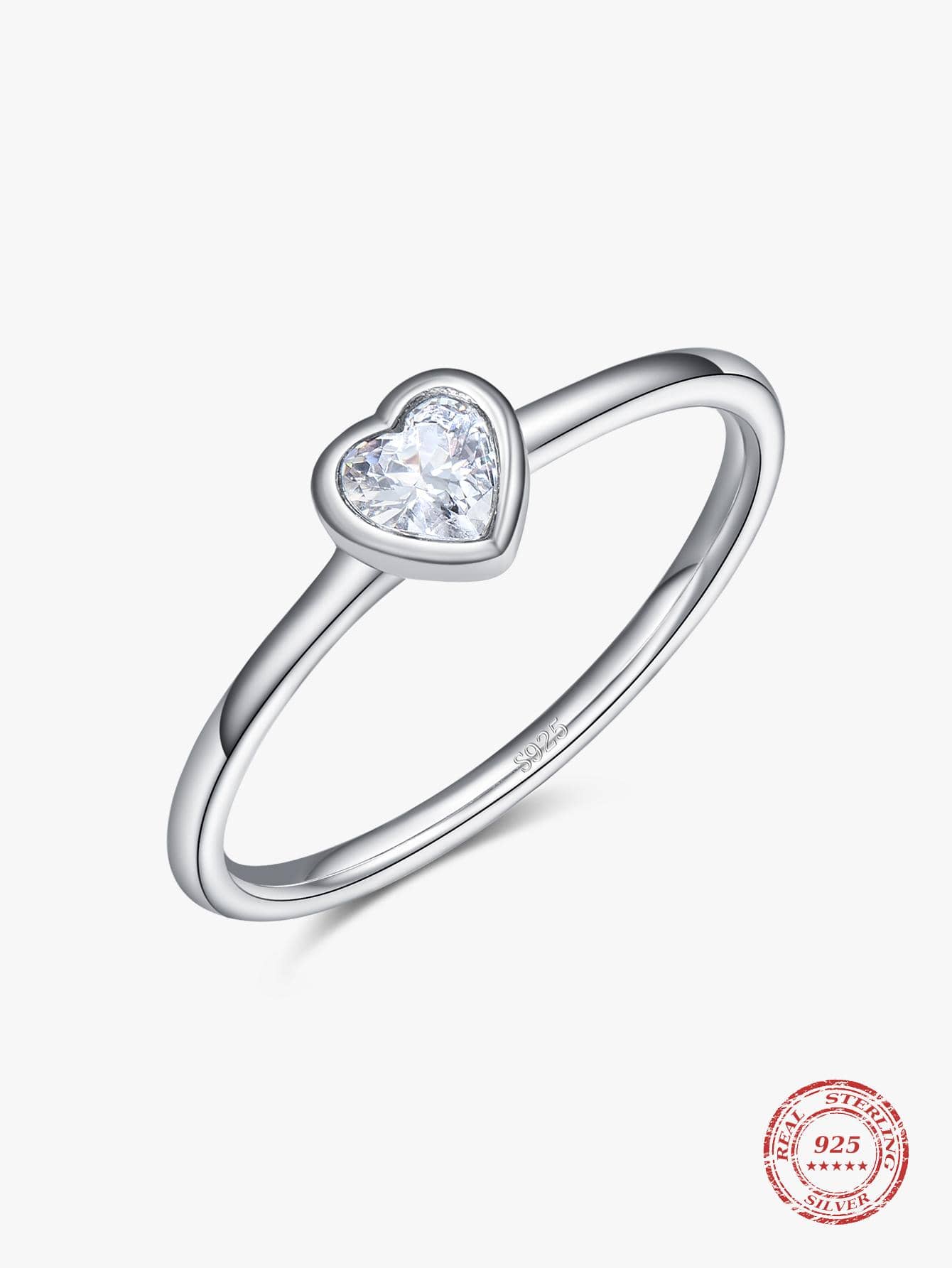 1入組時尚方晶鋯石愛心裝飾銀戒指適合女士適用於約會禮物 - 銀色 - 查看 1