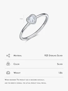 1入組時尚方晶鋯石愛心裝飾銀戒指適合女士適用於約會禮物 - 銀色 - 查看 2