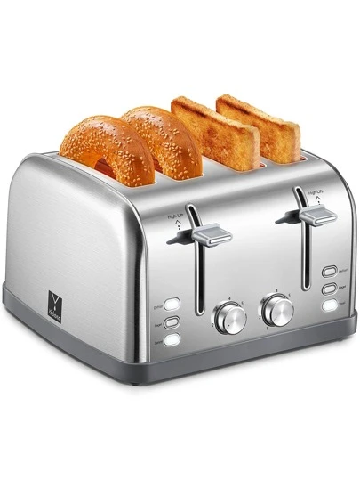 Yabano Toaster 4 Slice, Extra Wide Slots, Stainless Steel With High Lift Lever, Bagel And Muffin Function, Removal Crumb Tray, 7-Shade Settings With Warming Rack