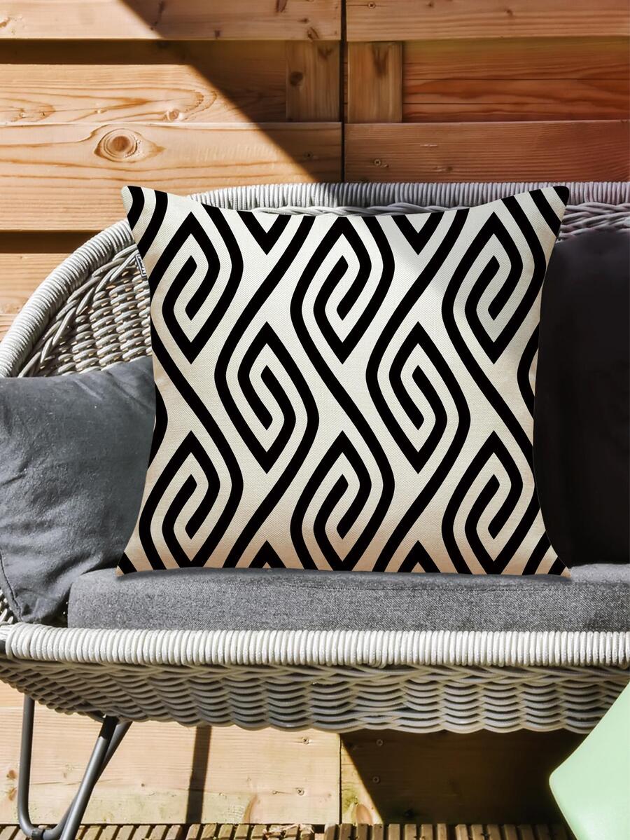 1pc Geometric Pattern Cushion Cover Without Filler, Modern Linen Decorative Throw Pillow Case For Home - Black and White - View 1