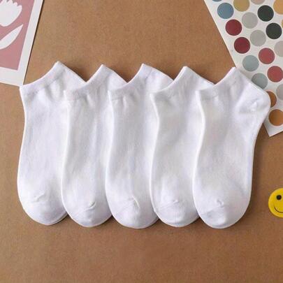 5pairs/Pack White Women's Low Cut Boat Socks, No Show Socks