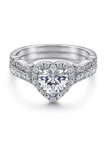 2Pcs/set Romantic Engagement Wedding Ring 1ct Cubic Zirconia Eternity Ring Promise Ring Anniversary Ring s925 Sterling Silver Heart Halo Stacking Rings Luxury Jewelry Gifts For Women - Silver - View 3
