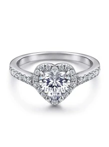 2Pcs/set Romantic Engagement Wedding Ring 1ct Cubic Zirconia Eternity Ring Promise Ring Anniversary Ring s925 Sterling Silver Heart Halo Stacking Rings Luxury Jewelry Gifts For Women - Silver - View 4