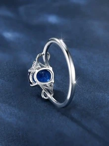 1pc Fashionable Oval Cubic Zirconia Decor Silver Ring For Women For Engagement Gift - Royal Blue - View 3