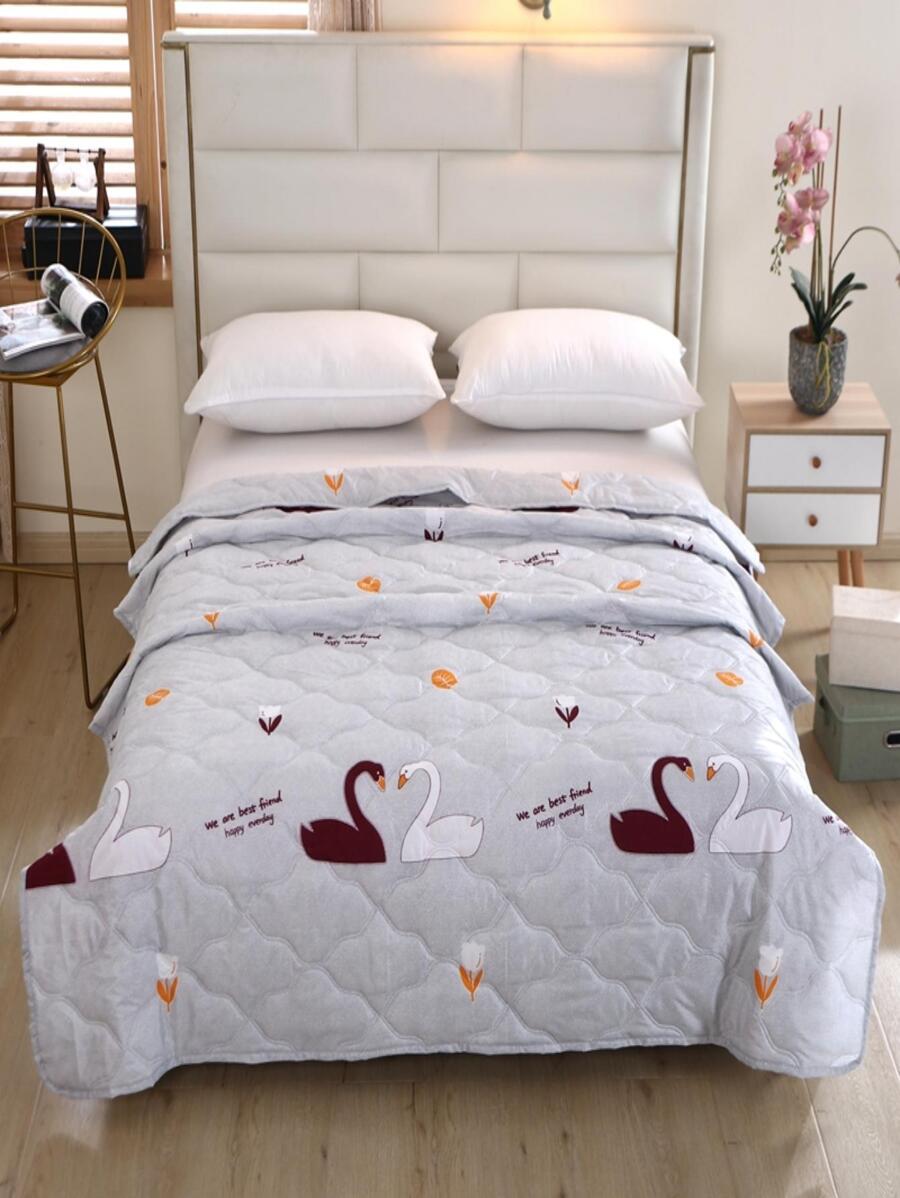 1pc Swan & Letter Graphic Quilted Bedspread, Modern Fabric Bedspread