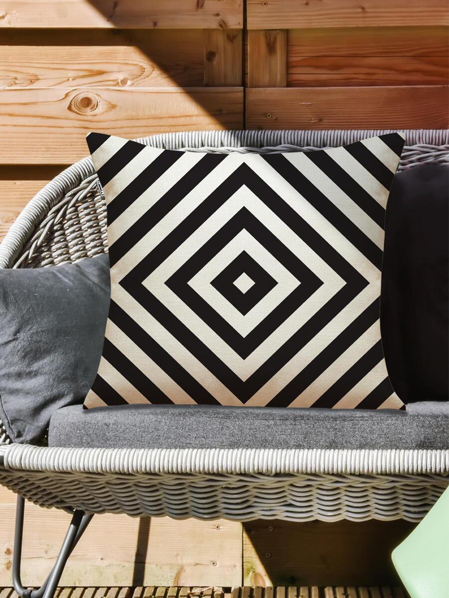 1入組幾何印花戶外防水靠墊套無填充物現代亞麻裝飾傢居抱枕套 - 黑與白 - 查看 1