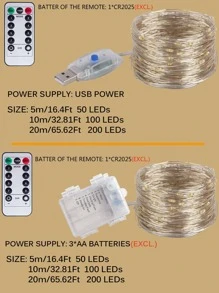 1pc Remote Control Silver Wire Copper String Fairy Lights, For Wedding, Christmas, New Year Party Decoration - Yellow - View 2