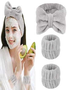 1套女士素色蝴蝶結裝飾時尚髮帶和臉部水洗腕帶 - 灰色 - 查看 2