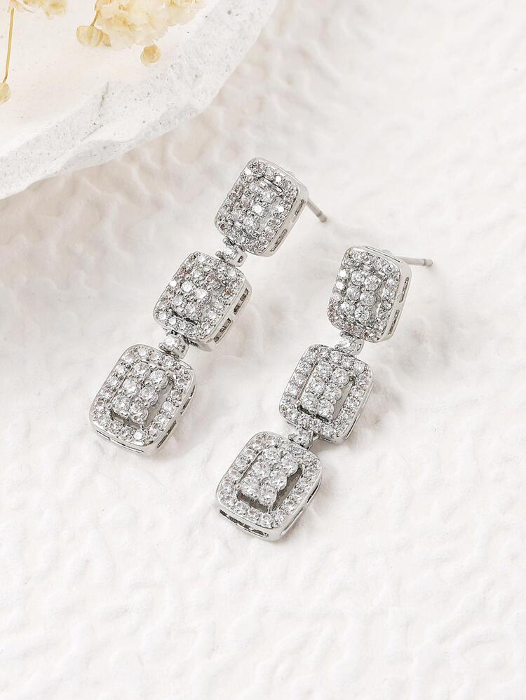 Cubic Zirconia Square Decor Drop Earrings