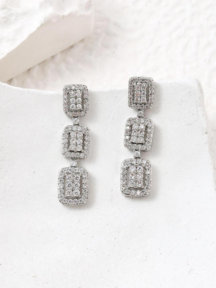 Cubic Zirconia Square Decor Drop Earrings