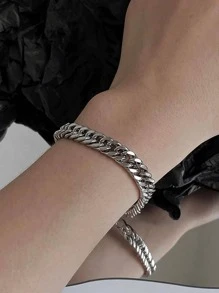 Men's Metallic Geometric Bracelet & Necklace Set, Punk Style Titanium Steel Braided Double-Sided Polished Accessory, Suitable For Daily Wear