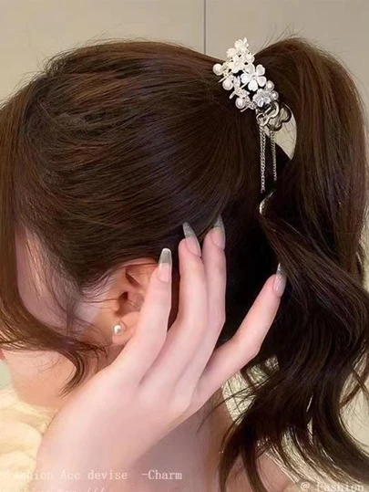 1pc Women Faux Pearl & Flower Decor Luxury Hair Claw, For Party