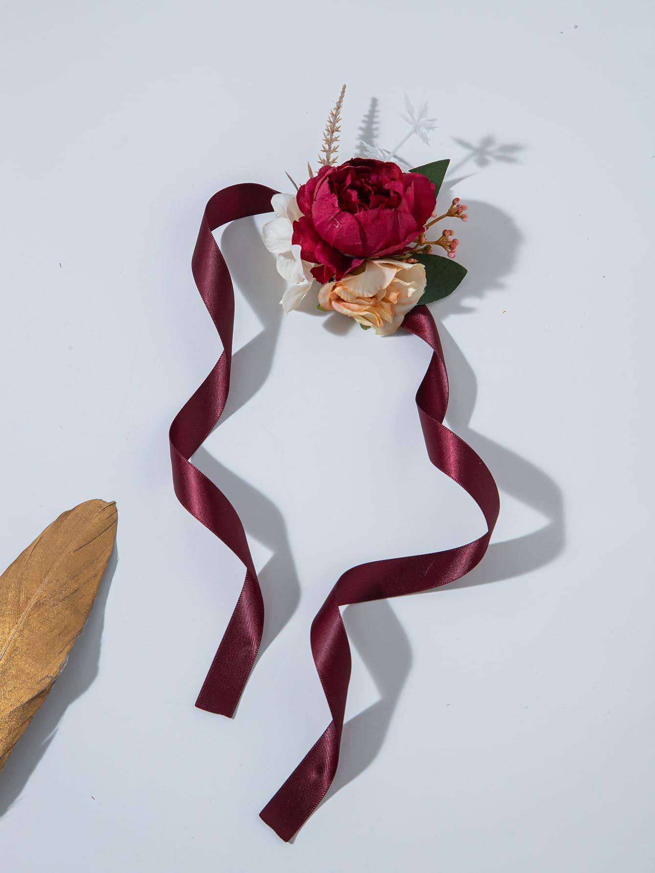 1入組女士花卉裝飾浪漫手腕胸花派對用 - 酒紅色 - 查看 1