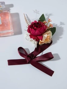 1入組女士花卉裝飾浪漫手腕胸花派對用 - 酒紅色 - 查看 3