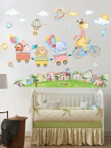 4PCS Green Plant Cartoon Girl Animal Children's Room Foyer, Cabinet, Room Door, Restaurant Decoration Wall Sticker PVC Self-Adhesive Children's Home Decoration Wall Sticker On The Back, Stickers, Wall Decal, Vinyl Decal For Home Decorations, Spring Decoration Items Refresh Your Home, Rama Decoration Stickers Gifts Birthday Graduation - Multicolor - View 2