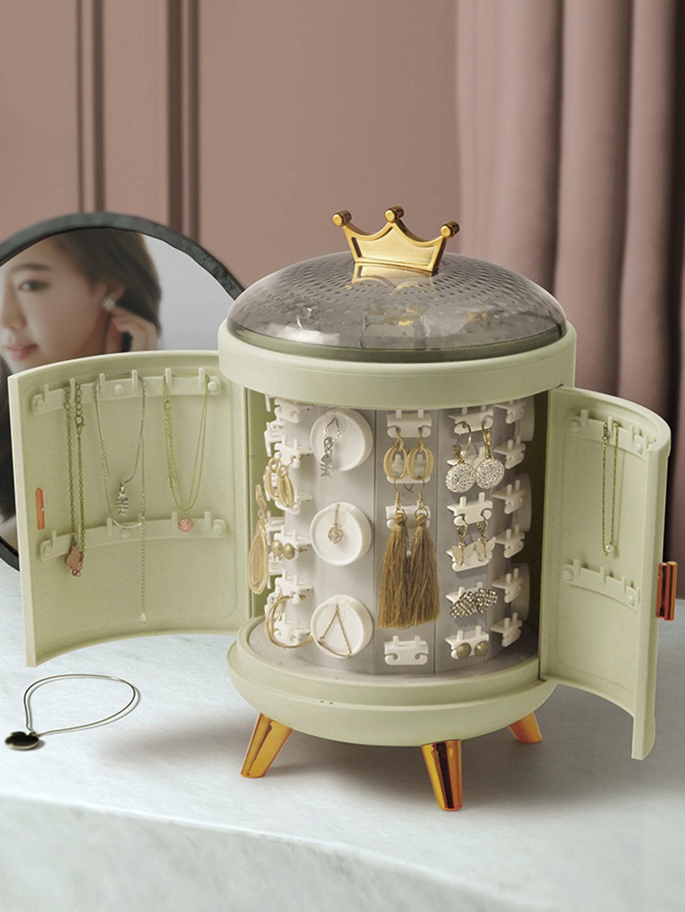 1pc Plastic Jewelry Storage Box, European Style Crown Decor Jewelry Organizer Storage Case For Home - Green - View 1