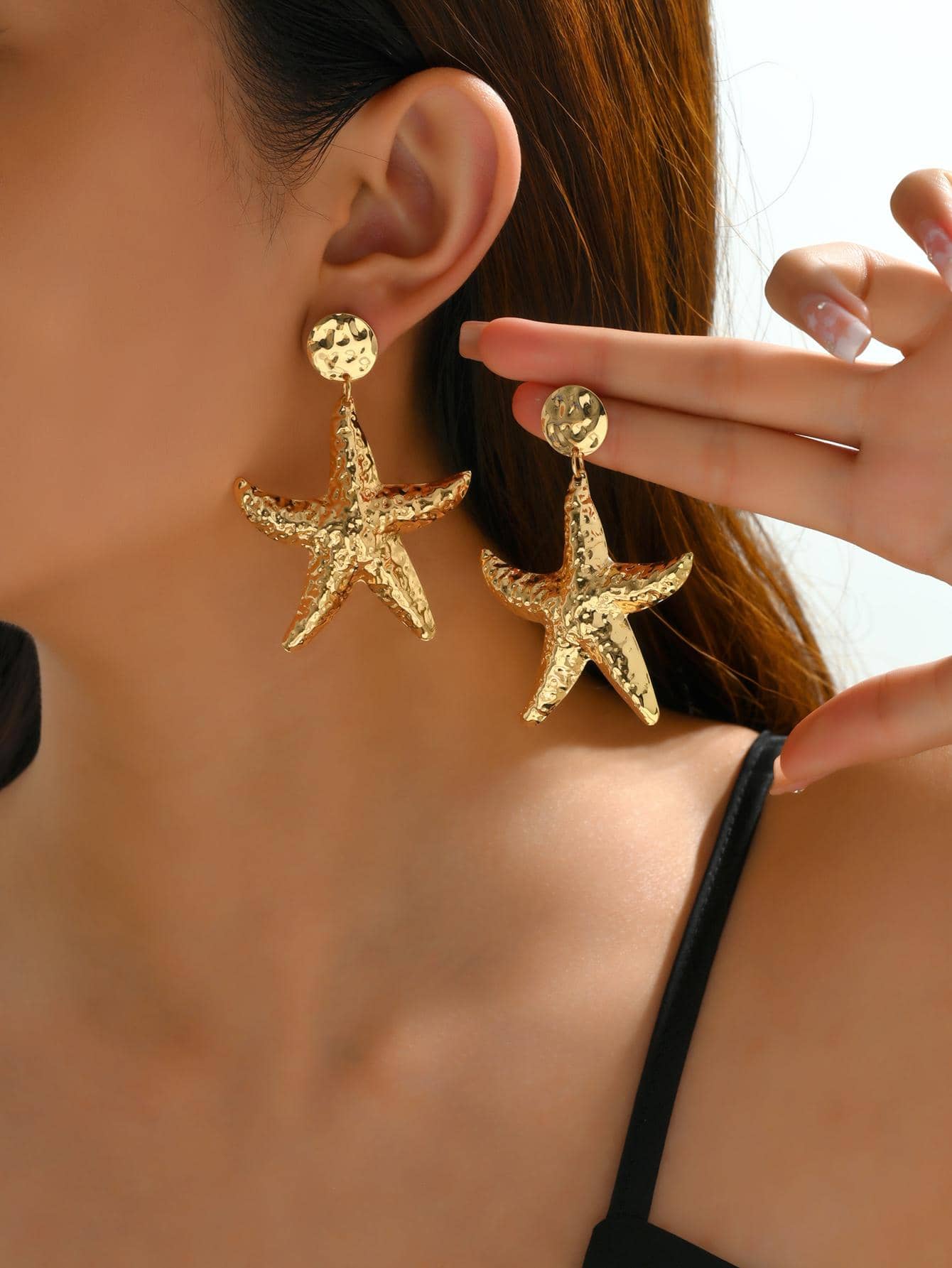 1pair Boho Textured Starfish Drop Earrings For Women For Gift - Yellow Gold - View 1