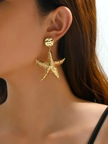1pair Boho Textured Starfish Drop Earrings For Women For Gift - Yellow Gold - View 2