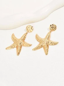 1pair Boho Textured Starfish Drop Earrings For Women For Gift - Yellow Gold - View 4
