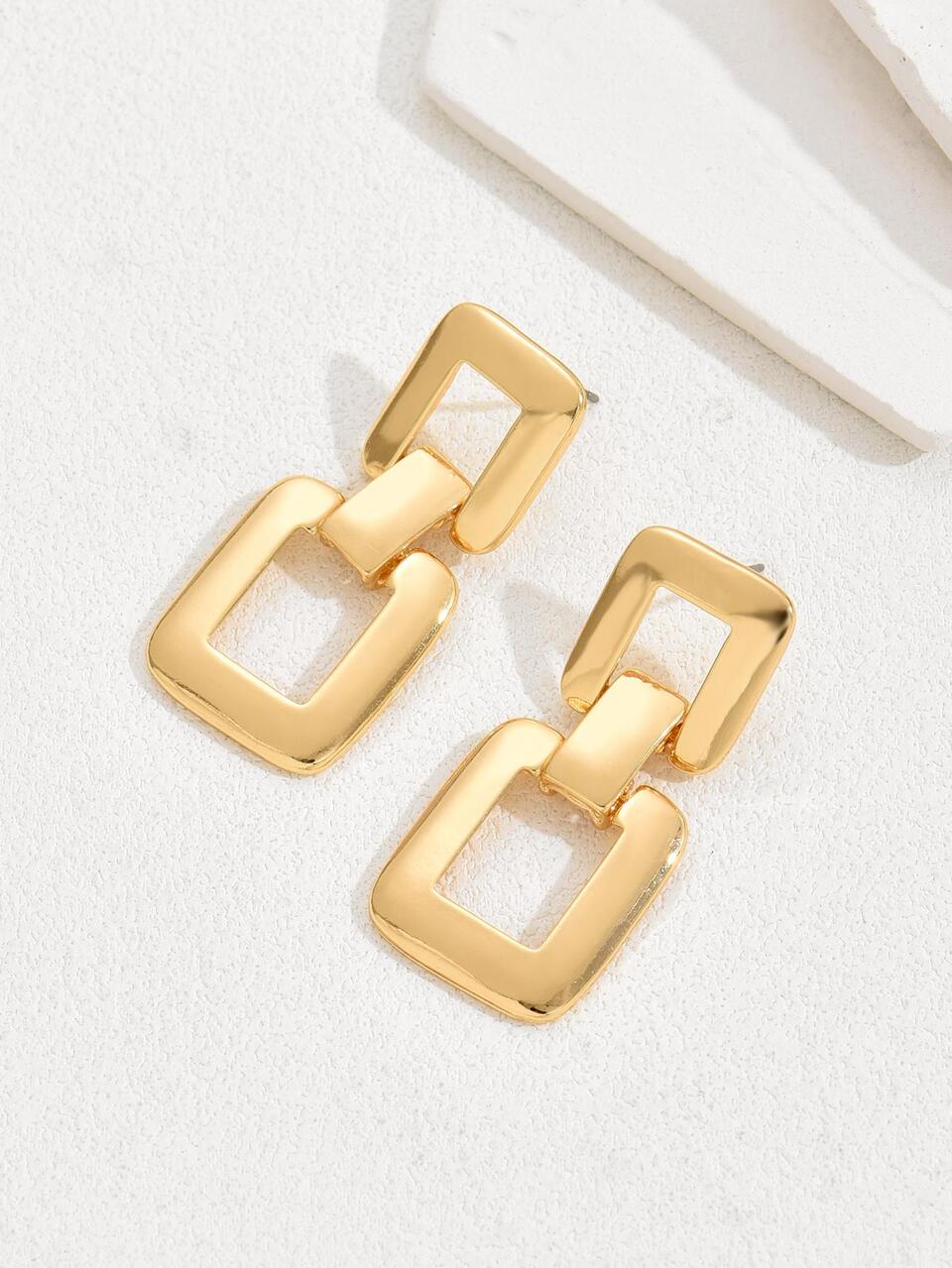 1pair Gothic Punk Style Square Charm Gold Earrings For Women, Perfect For Summer Vacation Parties