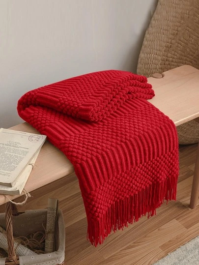 1 件复古风格纯色针织毛毯带流苏，柔软温暖的沙发套，四季床罩，客厅和卧室的家居装饰