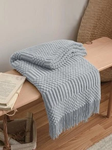 1 pieza Manta tejida de unicolor con flecos, estilo vintage, suave y cálida, cubierta de sofá, edredón para todas las temporadas, accesorio de decoración para sala de estar y dormitorio - Gris Claro - Ver 2