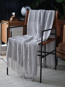 1 pieza Manta tejida de unicolor con flecos, estilo vintage, suave y cálida, cubierta de sofá, edredón para todas las temporadas, accesorio de decoración para sala de estar y dormitorio - Gris Claro - Ver 4