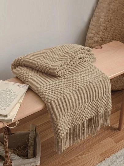 1 件复古风格纯色针织毛毯带流苏，柔软温暖的沙发套，季节床罩，客厅和卧室的家居装饰配件