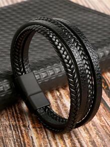 经典多层皮革手链，男士不锈钢多层虎眼石珠皮革手链，时尚配饰 - 黑色 - 查看 12