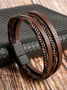 经典多层皮革手链，男士不锈钢多层虎眼石珠皮革手链，时尚配饰 - 黑色 - 查看 13