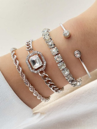 4pcs/set Glamorous Zinc Alloy Cubic Zirconia Decor Bracelet For Women For Daily Decoration